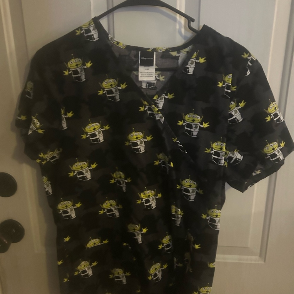 Scrubstar Black Tee with Neon Green Alien Pattern